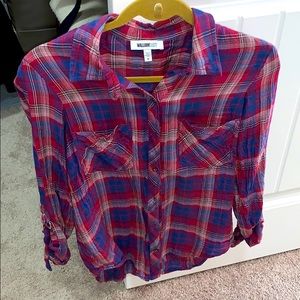 Red white and blue button down flannel shirt
